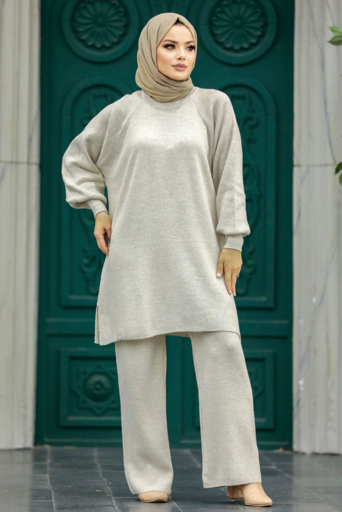 Beige Modest Knitwear Dual Suit 34262BEJ - 5