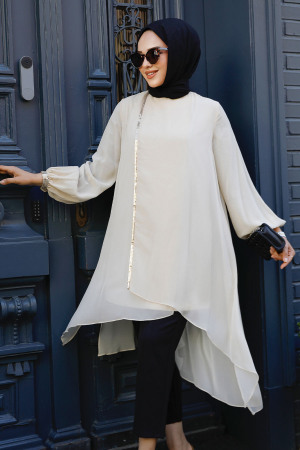Neva Style - Beige Modest Tunic 24030BEJ - 2
