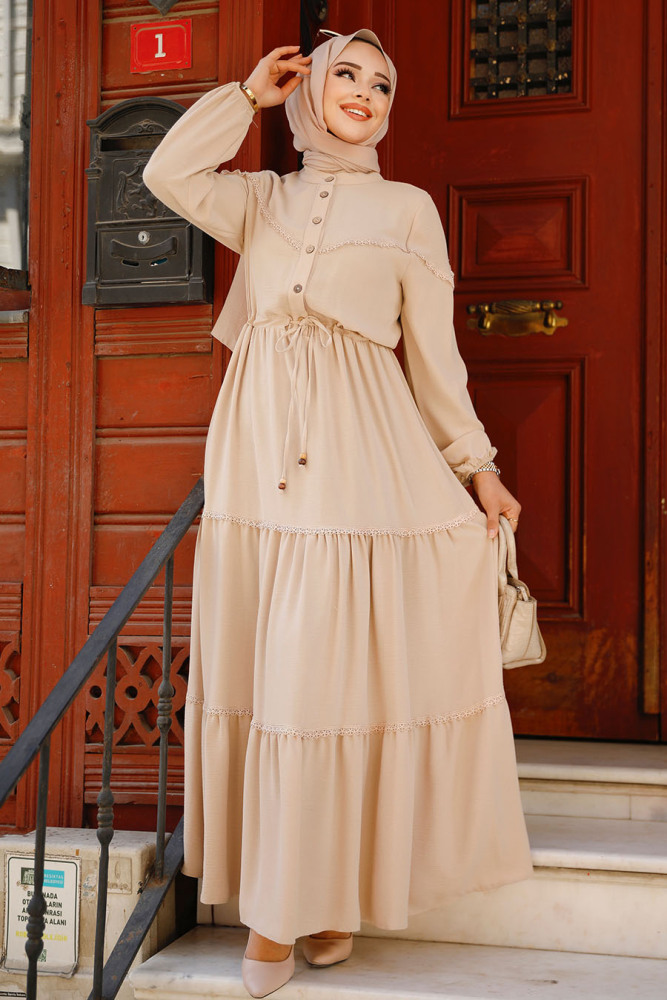 Beige Muslim Long Dress Style 63250BEJ - 2