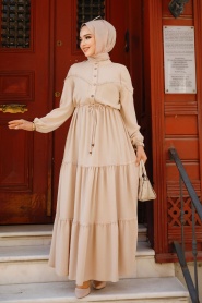 Neva Style - Beige Muslim Long Dress Style 63250BEJ - Thumbnail