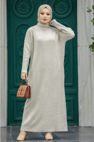 Neva Style - Beige Muslim Long Knitwear Dress Style 34150BEJ - Thumbnail