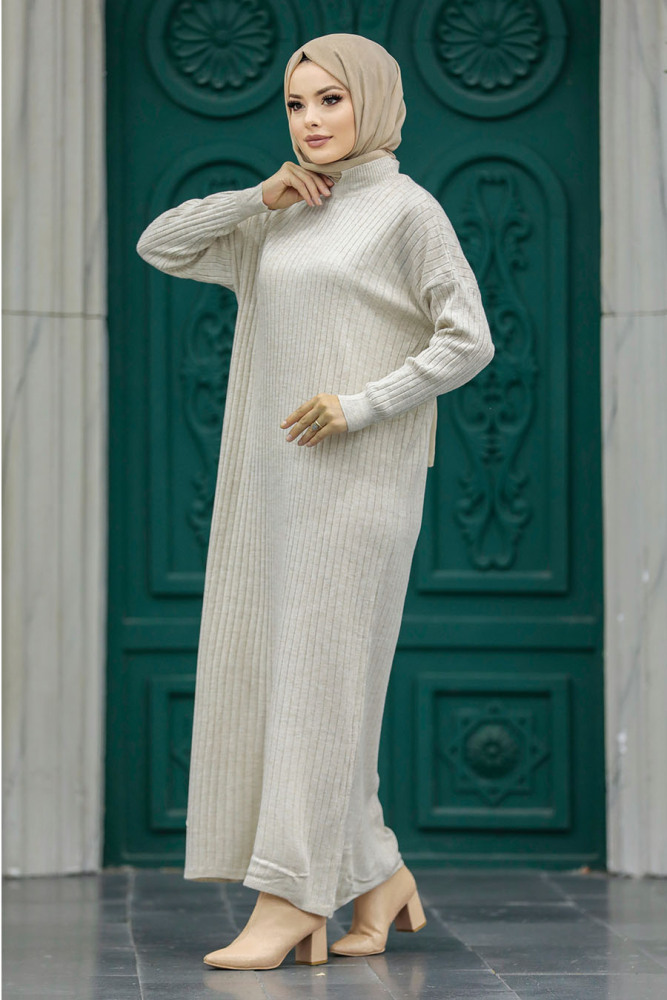 Neva Style - Beige Muslim Long Knitwear Dress Style 34150BEJ - 2