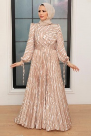 Neva Style - Beige Turkish Hijab Long Sleeve Dress 34531BEJ - Thumbnail