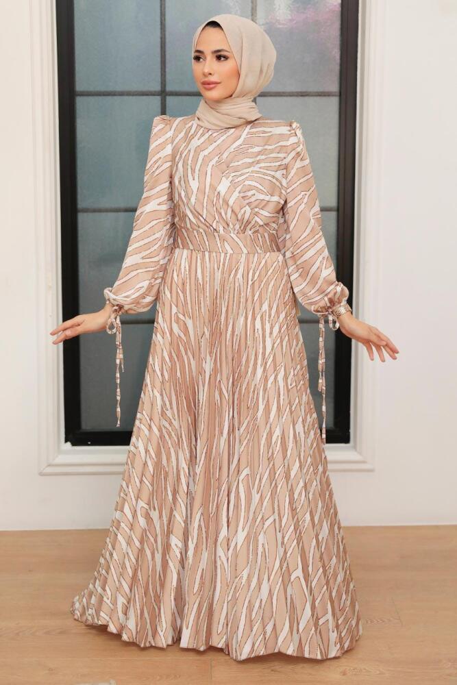 Neva Style - Beige Turkish Hijab Long Sleeve Dress 34531BEJ - 1