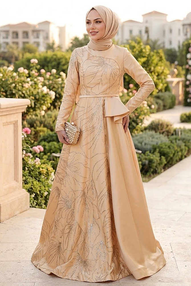 Neva Style - Beige Turkish Hijab Wedding Gown 373BEJ - 1
