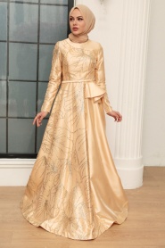 Neva Style - Beige Turkish Hijab Wedding Gown 373BEJ - Thumbnail