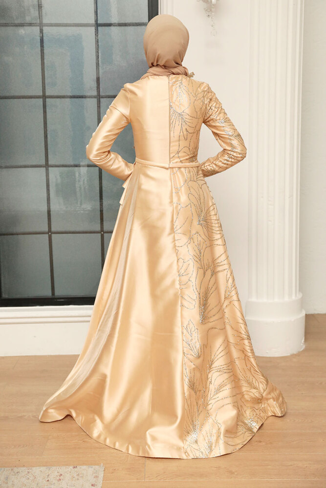 Neva Style - Beige Turkish Hijab Wedding Gown 373BEJ - 2