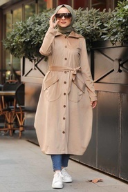 Neva Style - Beige Velvet Coat 8845BEJ - Thumbnail
