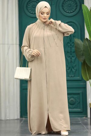 Neva Style - Beige Women Turkish Abaya 11065BEJ - Thumbnail