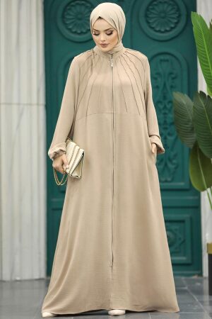 Neva Style - Beige Women Turkish Abaya 11065BEJ - Thumbnail