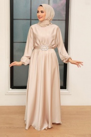 Neva Style - Bej Saten Tesettür Elbise 5727BEJ - Thumbnail