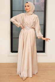 Neva Style - Bej Saten Tesettür Elbise 5727BEJ - Thumbnail