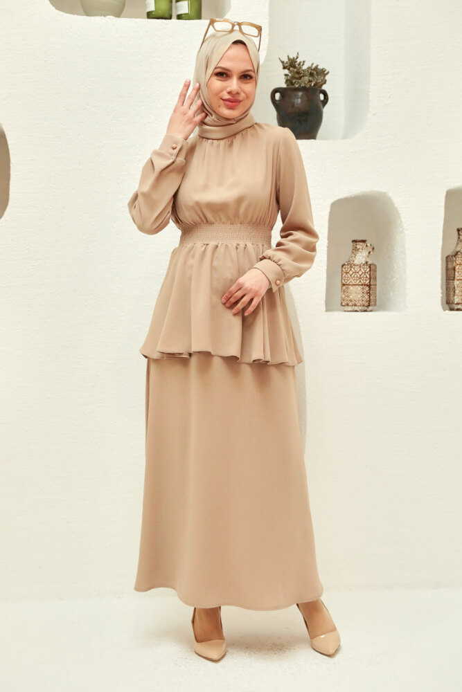 Neva Style - Bej Tesettür Etekli İkili Takım 15090BEJ - 2