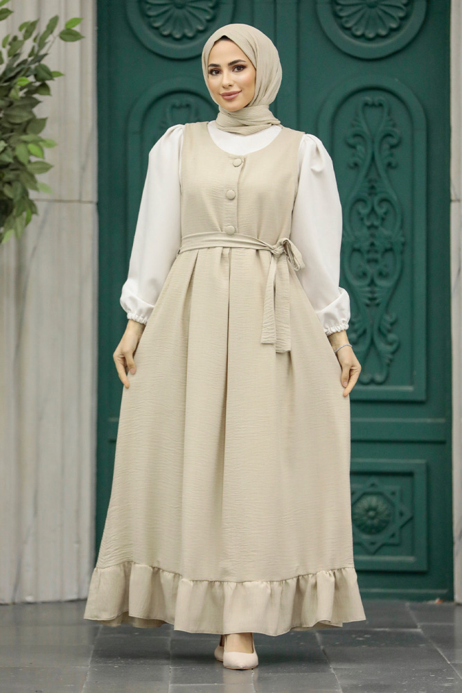 Neva Style - Bej Tesettür Jile Elbise 5913BEJ - NEVA STYLE
