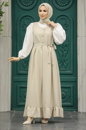 Neva Style - Bej Tesettür Jile Elbise 5913BEJ - 3