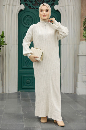 Neva Style - Bej Tesettür Triko Elbise 4852BEJ - 2