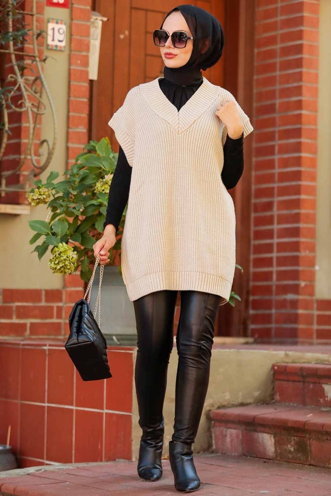 Neva Style - Bej Tesettür Triko Süveter 4786BEJ - 3