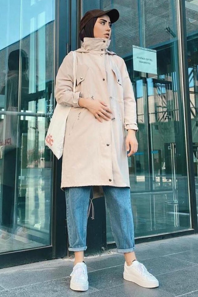 Neva Style - Belden Bağlamalı Bej Tesettür Kap 249BEJ - 2