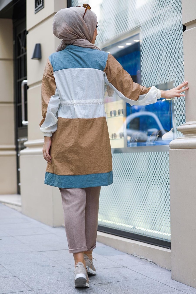 Neva Style - Belden Bağlamalı Çağla Yeşili Tesettür Yağmurluk Tunik 5381CY - 2