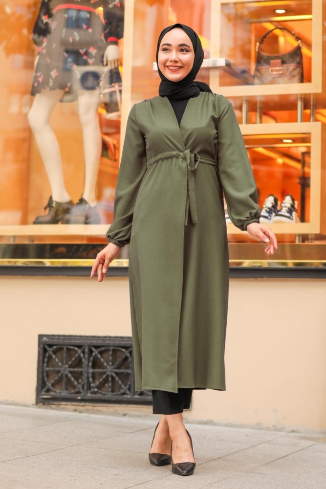 Neva Style - Belden Bağlamalı Haki Tesettür Kap 37450HK - 1