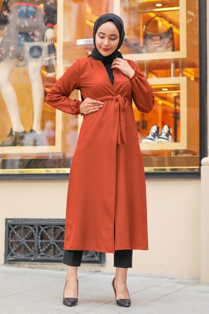 Neva Style - Belden Bağlamalı Kiremit Tesettür Kap 37450KRMT - 1