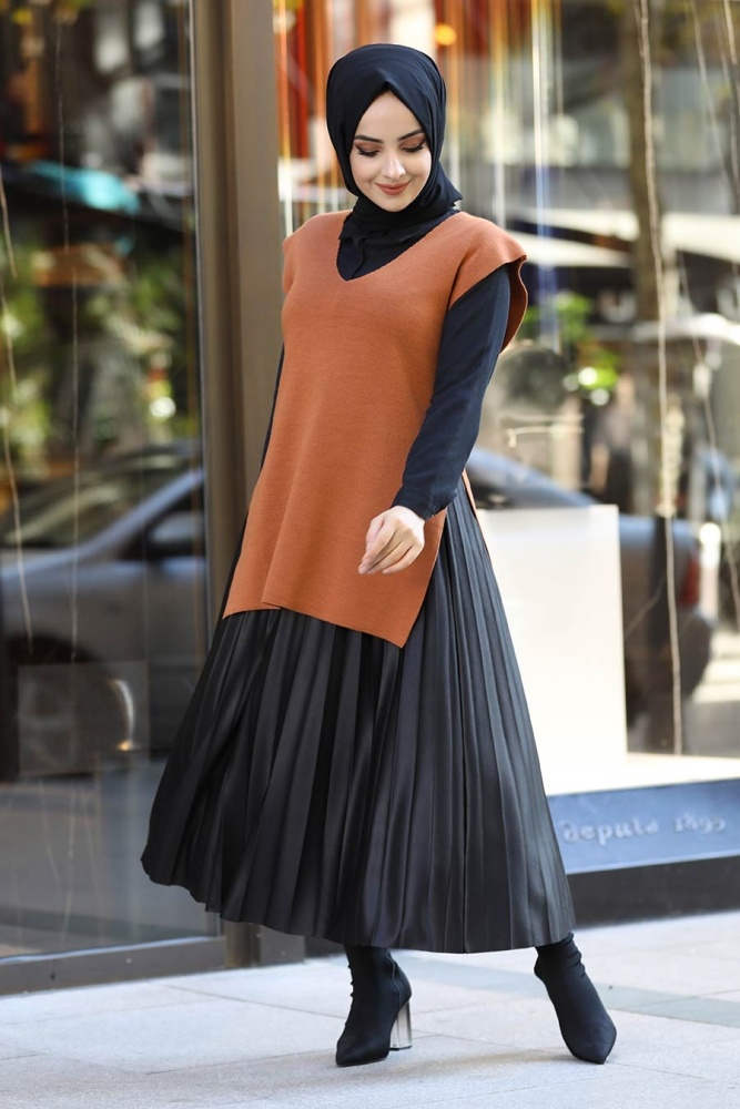 Neva Style - Belden Bağlamalı Kiremit Tesettür Triko Süveter 6524KRMT - 1
