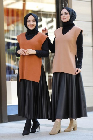 Neva Style - Belden Bağlamalı Kiremit Tesettür Triko Süveter 6524KRMT - 2