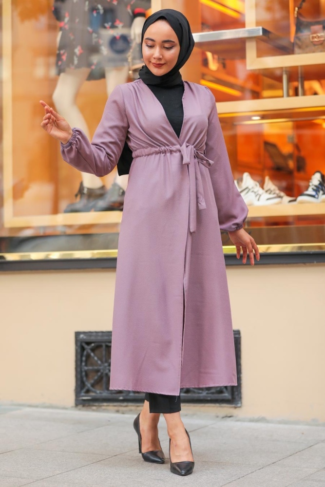 Neva Style - Belden Bağlamalı Lila Tesettür Kap 37450LILA - 1