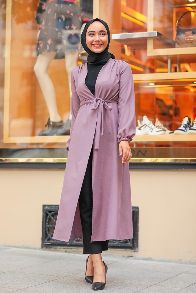 Neva Style - Belden Bağlamalı Lila Tesettür Kap 37450LILA - 2
