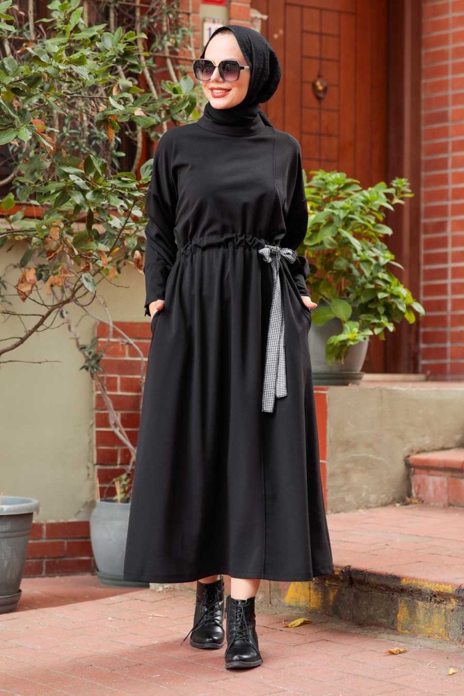 Neva Style - Belden Bağlamalı Siyah Tesettür Elbise 1333S - 1