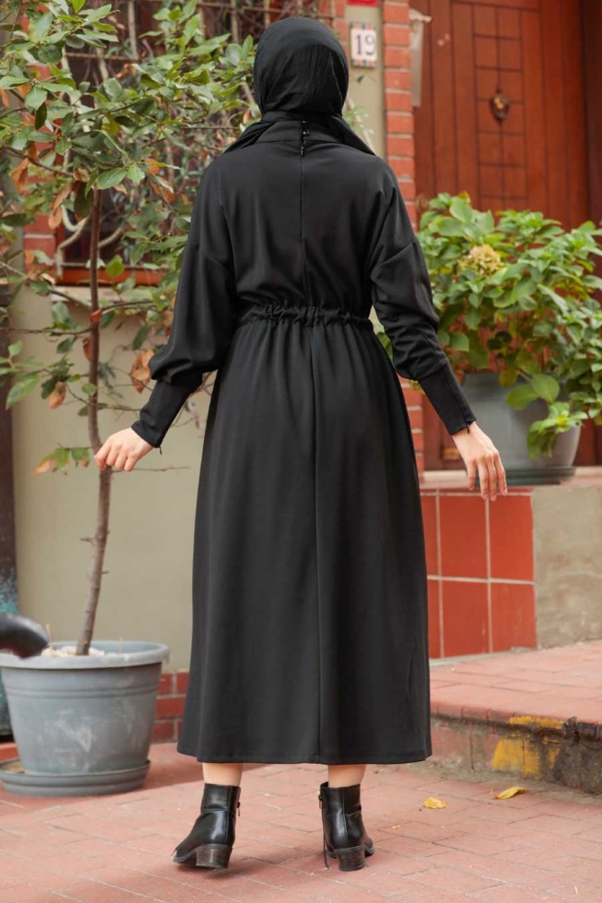 Neva Style - Belden Bağlamalı Siyah Tesettür Elbise 1333S - 2