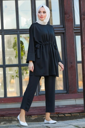 Neva Style - Belden Bağlamalı Siyah Tesettür İkili Takım 22060S - 1