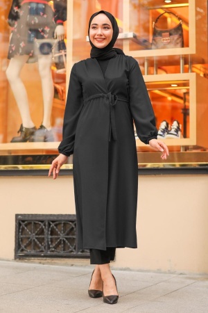 Neva Style - Belden Bağlamalı Siyah Tesettür Kap 37450S - 1