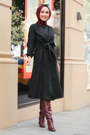 Neva Style - Belden Bağlamalı Siyah Tesettür Kap 5168S - 1