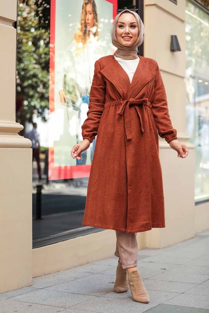 Neva Style - Belden Bağlamalı Taba Tesettür Kap 5168TB - 1