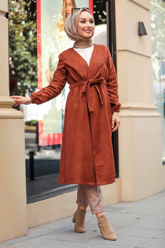 Neva Style - Belden Bağlamalı Taba Tesettür Kap 5168TB - 2