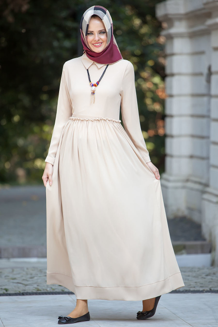 Neva Style - Belden Büzgülü Bej Elbise