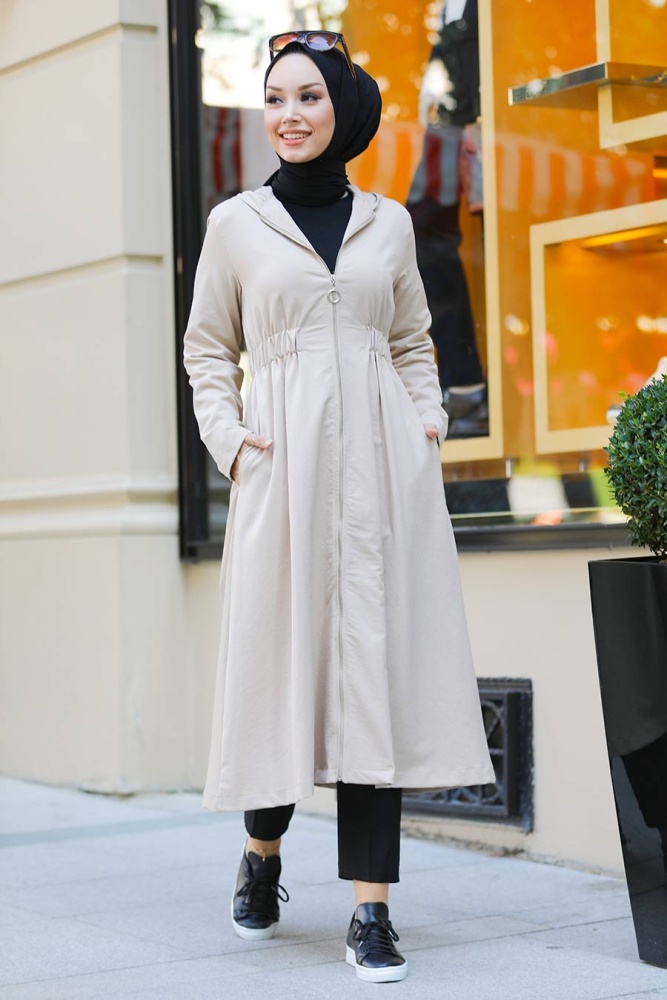Neva Style - Belden Büzgülü Bej Tesettür Astarlı Kap 8895BEJ - 1