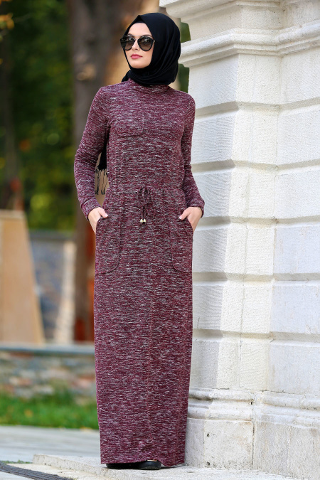 Neva Style - Belden Büzgülü Bordo Tesettür Elbise 22091BR