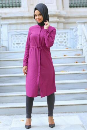 Neva Style - Belden Büzgülü Fuşya Tesettür Tunik 16247F - 1