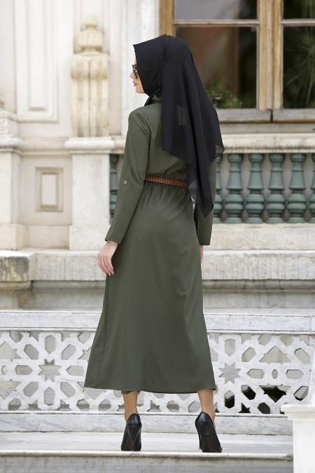 Neva Style - Belden Büzgülü Haki Elbise - 2