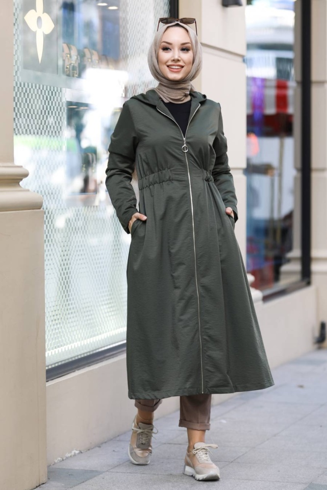 Neva Style - Belden Büzgülü Haki Tesettür Astarlı Kap 8895HK - 1