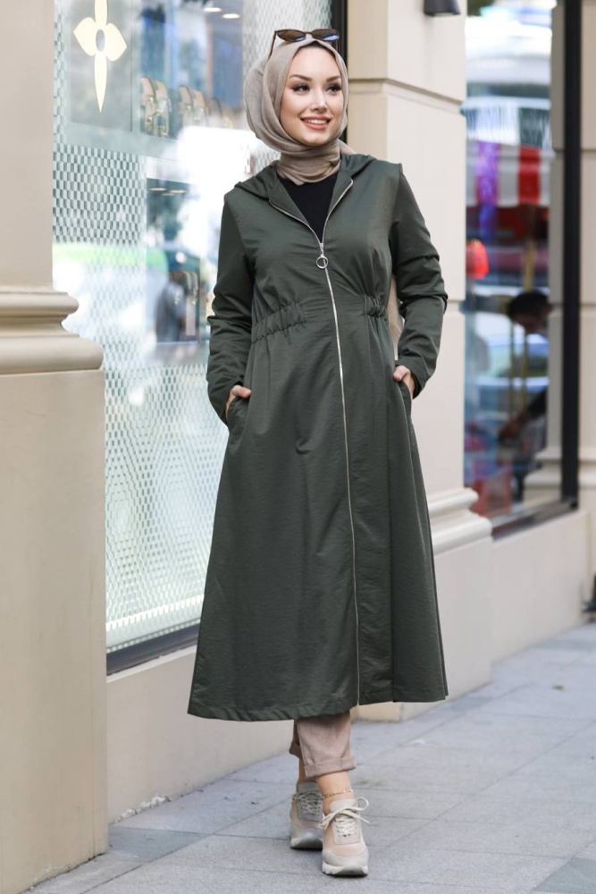 Neva Style - Belden Büzgülü Haki Tesettür Astarlı Kap 8895HK - 2