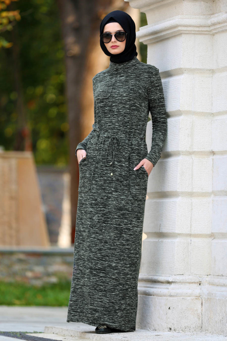 Neva Style - Belden Büzgülü Haki Tesettür Elbise 22091HK