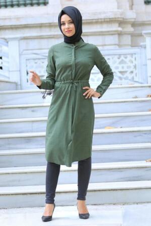 Neva Style - Belden Büzgülü Haki Tesettür Tunik 16247HK - 1
