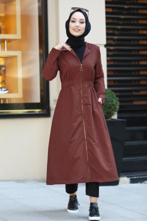 Neva Style - Belden Büzgülü Kiremit Tesettür Astarlı Kap 8895KRMT - 1