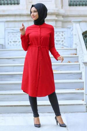 Neva Style - Belden Büzgülü Kırmızı Tesettür Tunik 16247K - 1