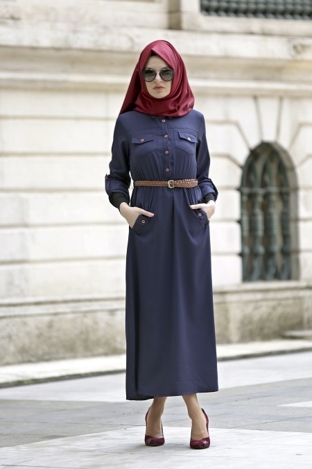 Neva Style - Belden Büzgülü Lacivert Elbise