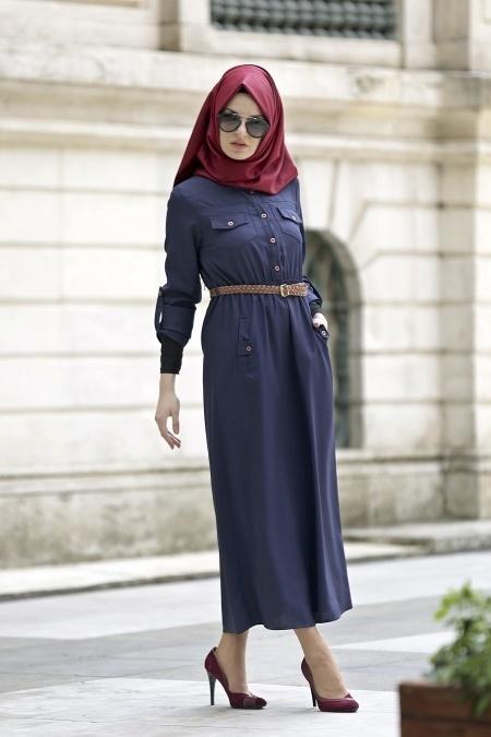 Neva Style - Belden Büzgülü Lacivert Elbise - 2