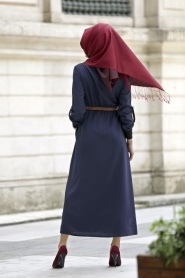 Neva Style - Belden Büzgülü Lacivert Elbise - Thumbnail